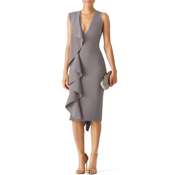 Solace London NWT Gray Ceara Ruffle Midi Dress Size US 4 EU 36
